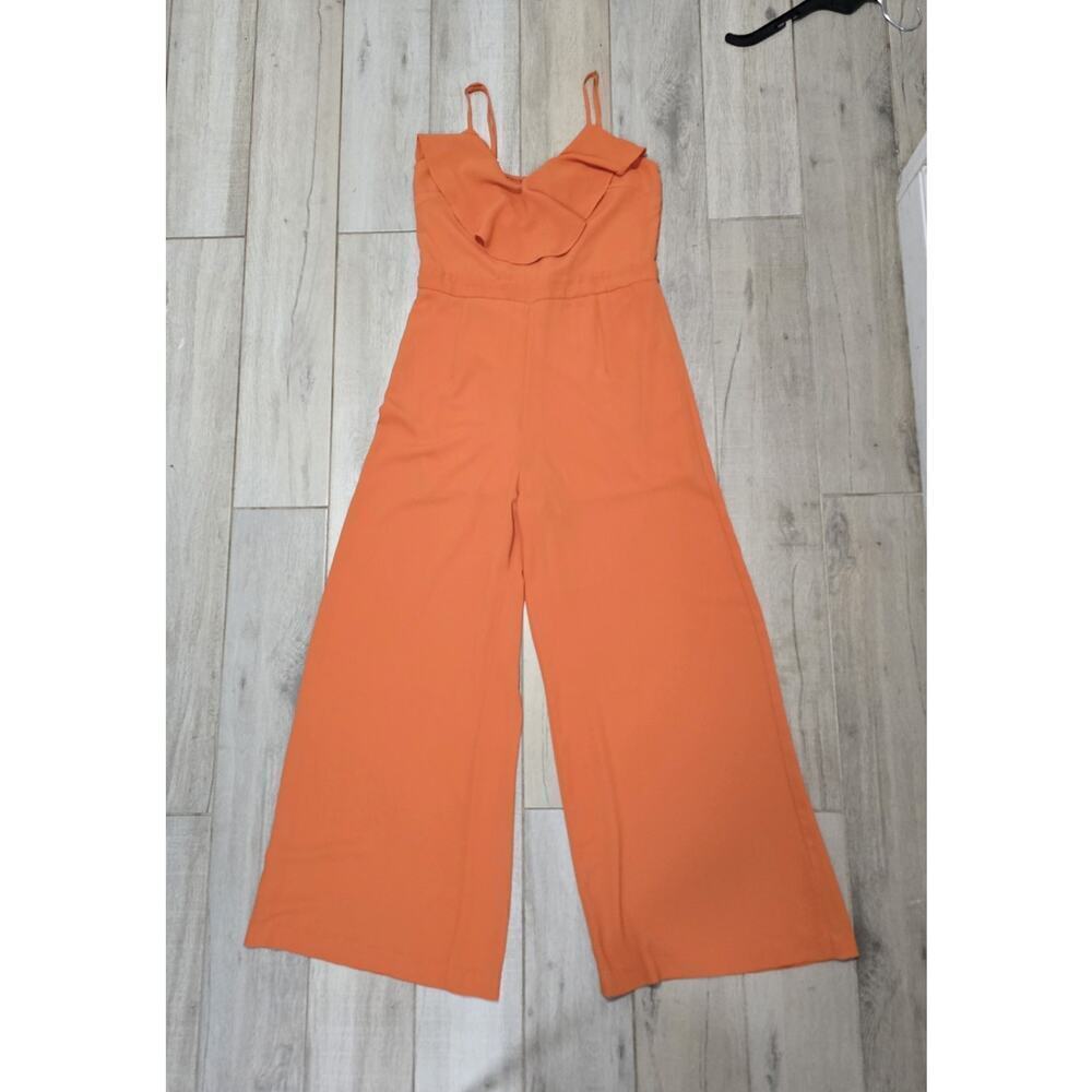 Shinestar Chic Orange Ruffle Strap Wide Leg Jumpsuit Womens Size L Boho Resort